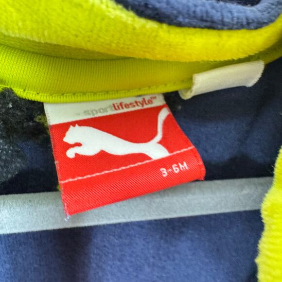 Puma Navy Blue Velour Neon Yellow Trim Full Zip Hooded Jacket Pockets Size 3-6M - Picture 7 of 8